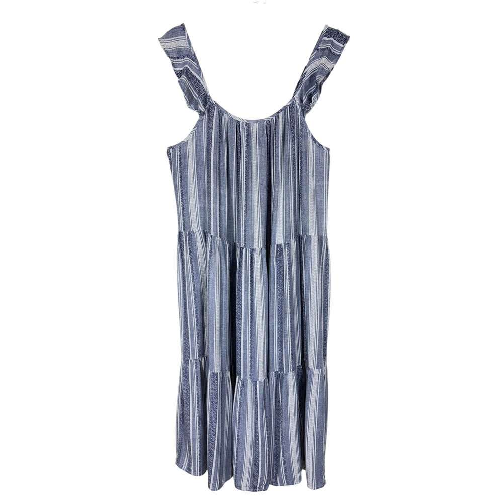 Ecothreads Womens Tiered Midi Dress M Blue Striped Ruffle Sleeve Boho Sundress